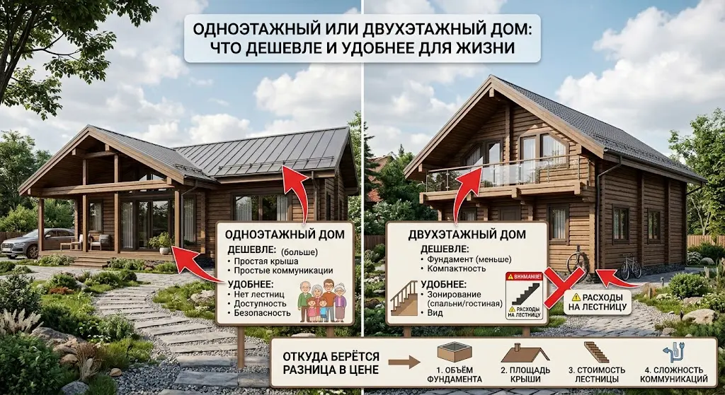 Сравнение стоимости одноэтажного и двухэтажного дома