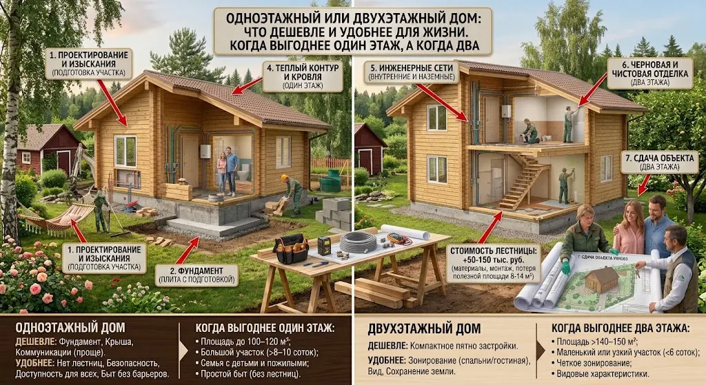 Одноэтажный или двухэтажный дом в зависимости от площади